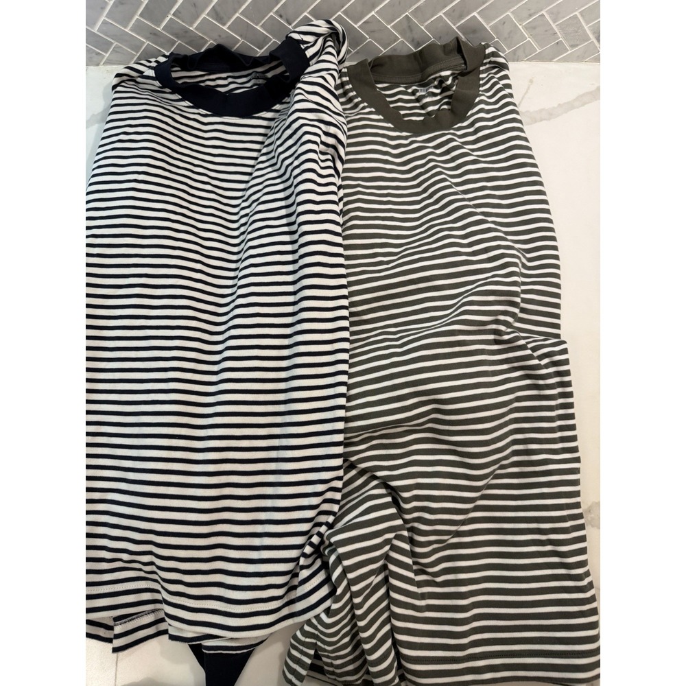 Uniqlo Airism Lot Of 2 Men Sz M Long Sleeve T Shirts Cotton Green/Navy Stripe